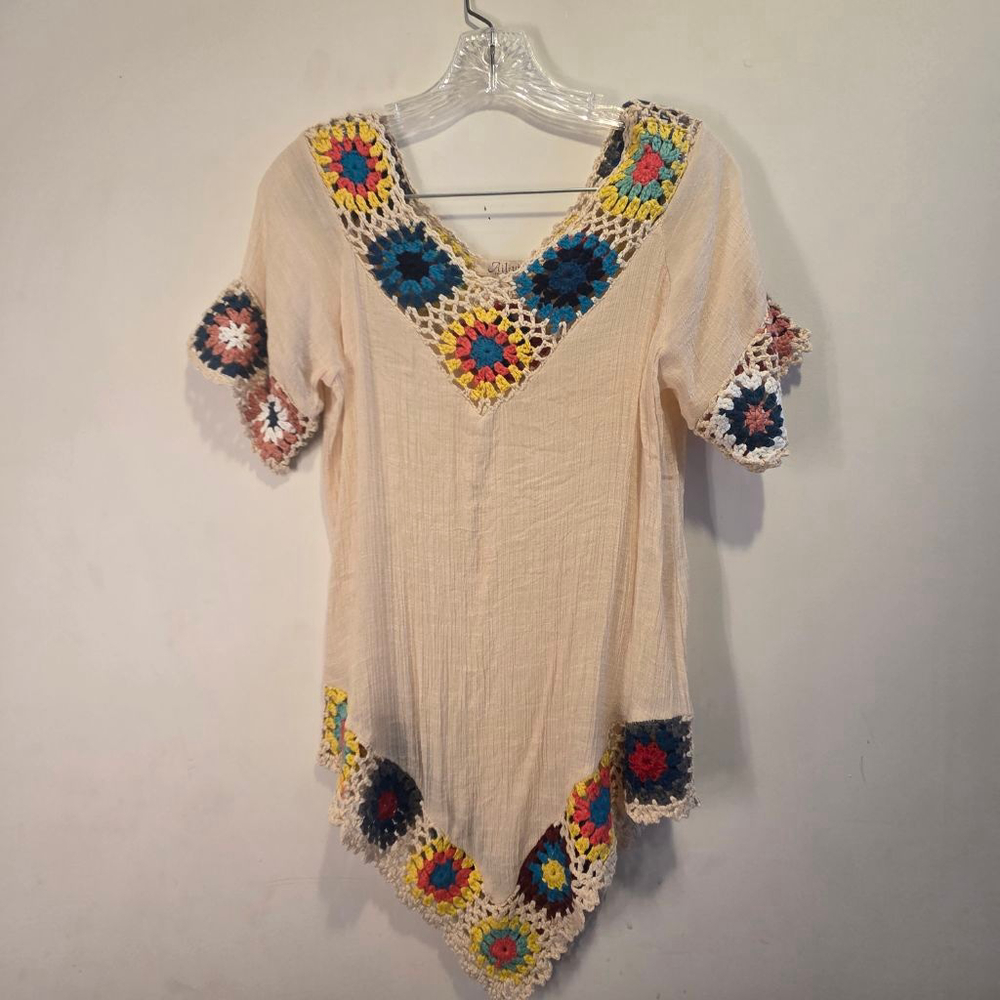 Women's Boho Hippie Granny Square Crochet Trim Tunic Top Nomad